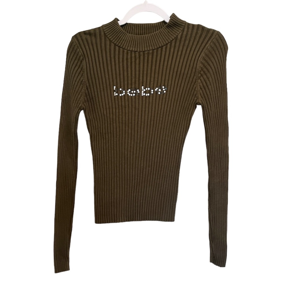 Bebe Green Mock Neck Ribbed Sweater